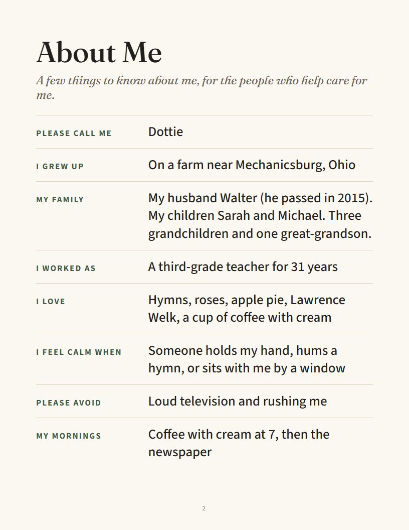 The About Me page of a sample memory book